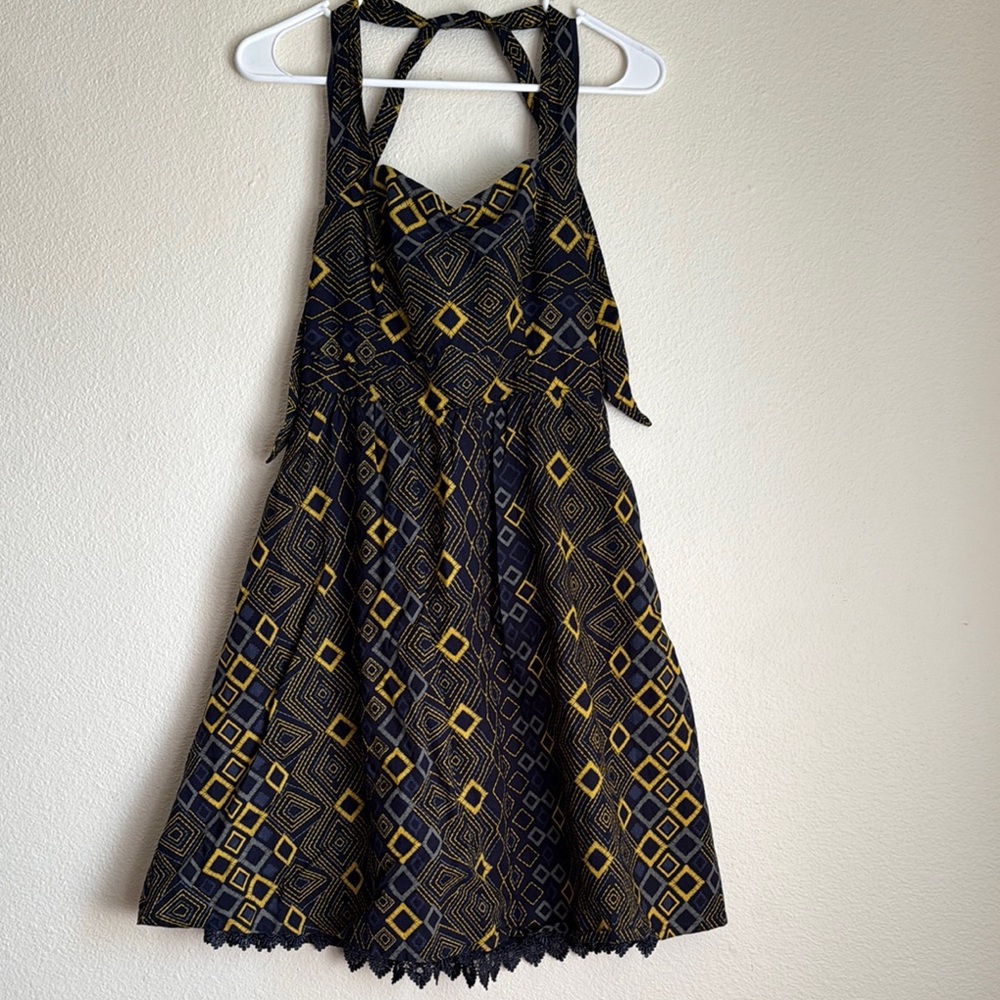 Stylish Halter Black and Yellow Geometric A Line Dress